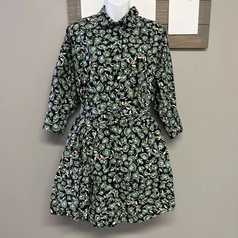 Zara Women’s Floral Print Shirt Mini Collared Dress With Belt Pockets- Medium